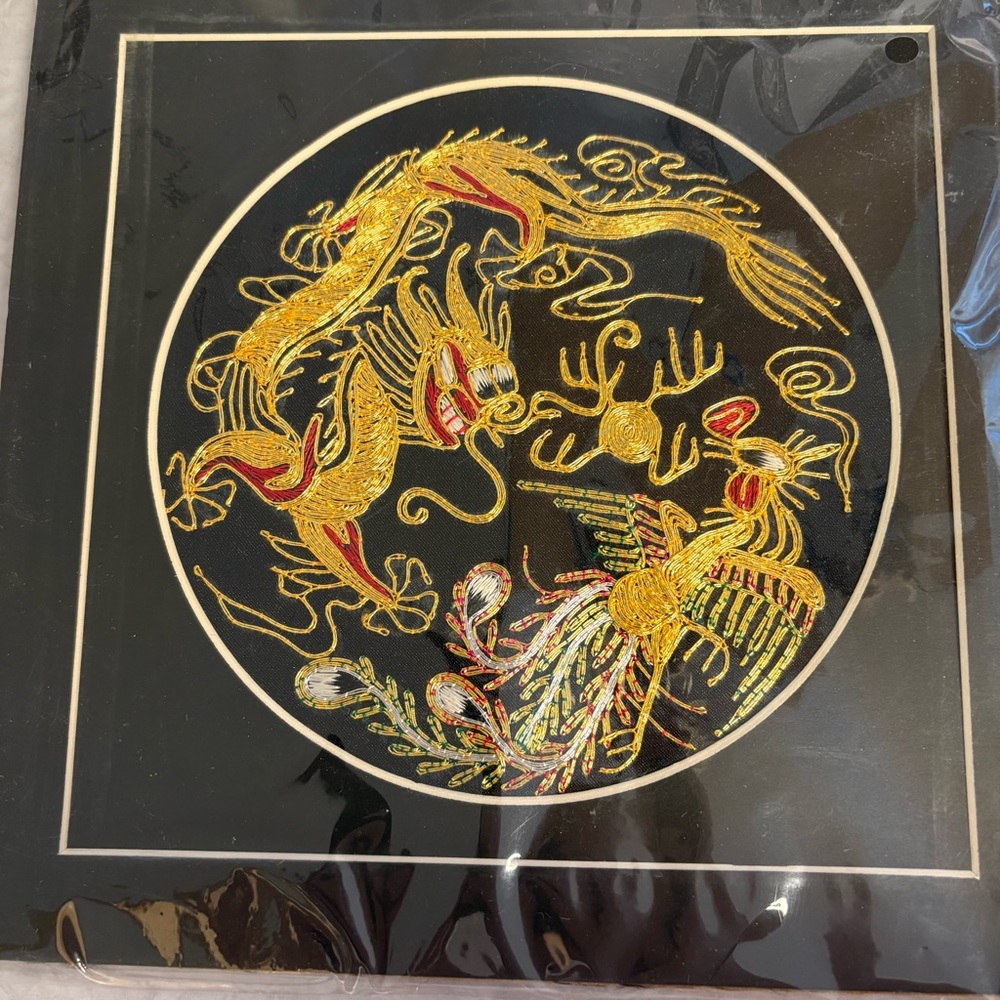 Gold Embroidered Dragon and Phoenix Fiber Art Wall Hanging
